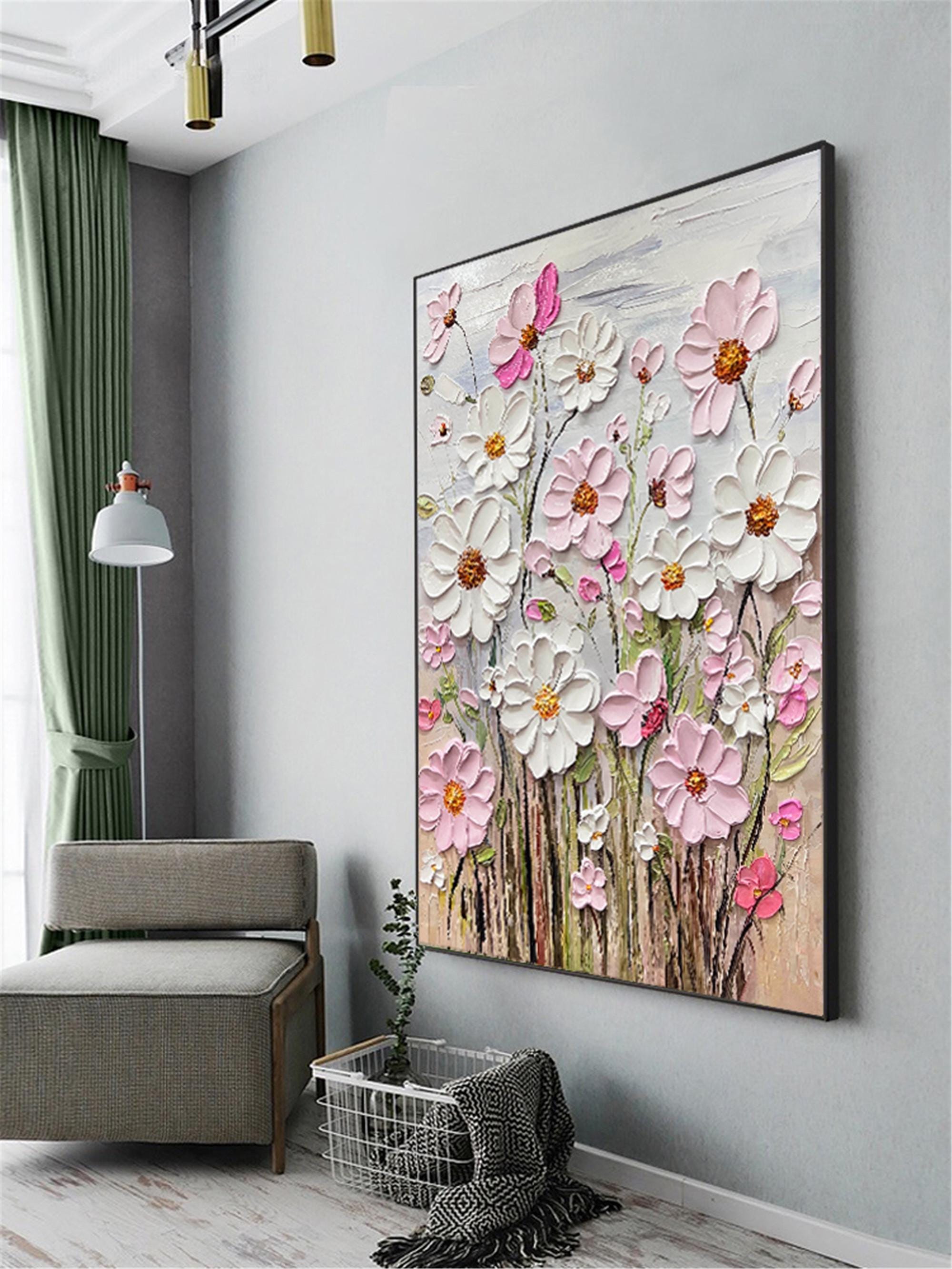 Original Flower Painting on Canvas 3DTextured Floral Wall Art,pink customd painting for Living Room home decor personalized gifts Fancy Art