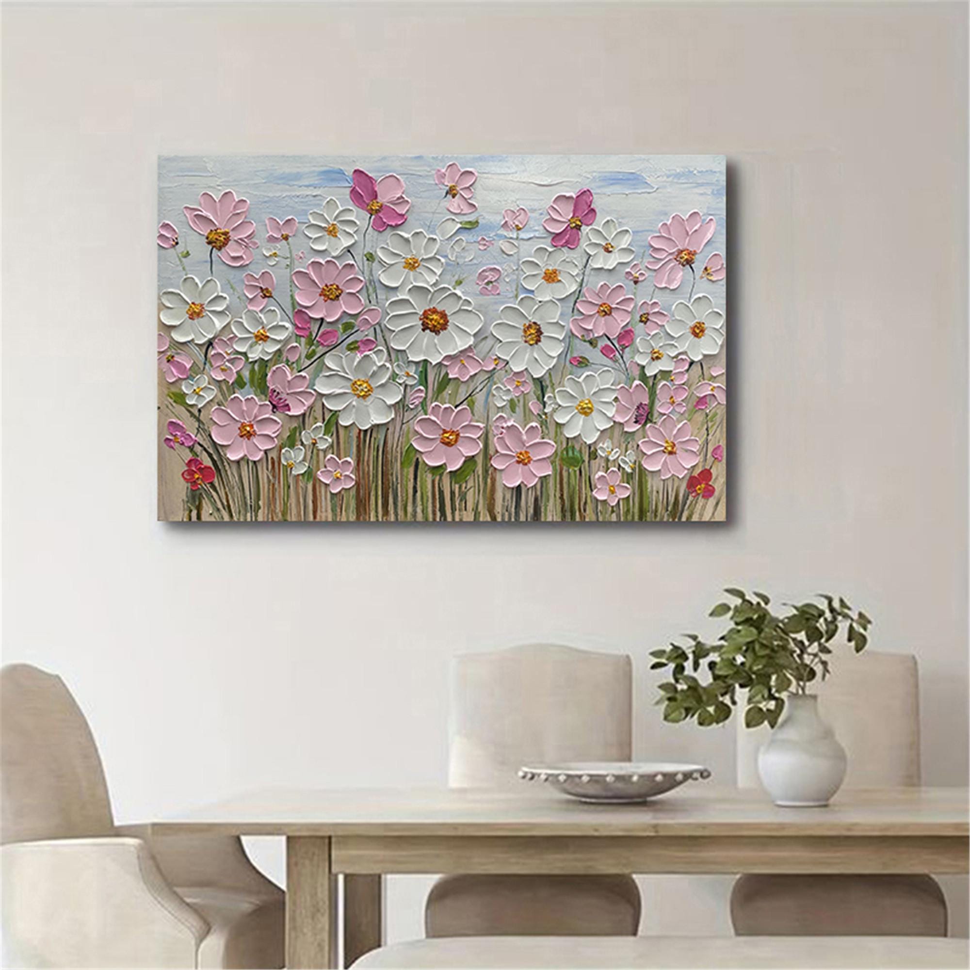 Large Textured Floral 3D Wall Art Palette Knife Flower oil Painting on Canvas personalized gift pink Modern Fancy Art Living Room wall decor