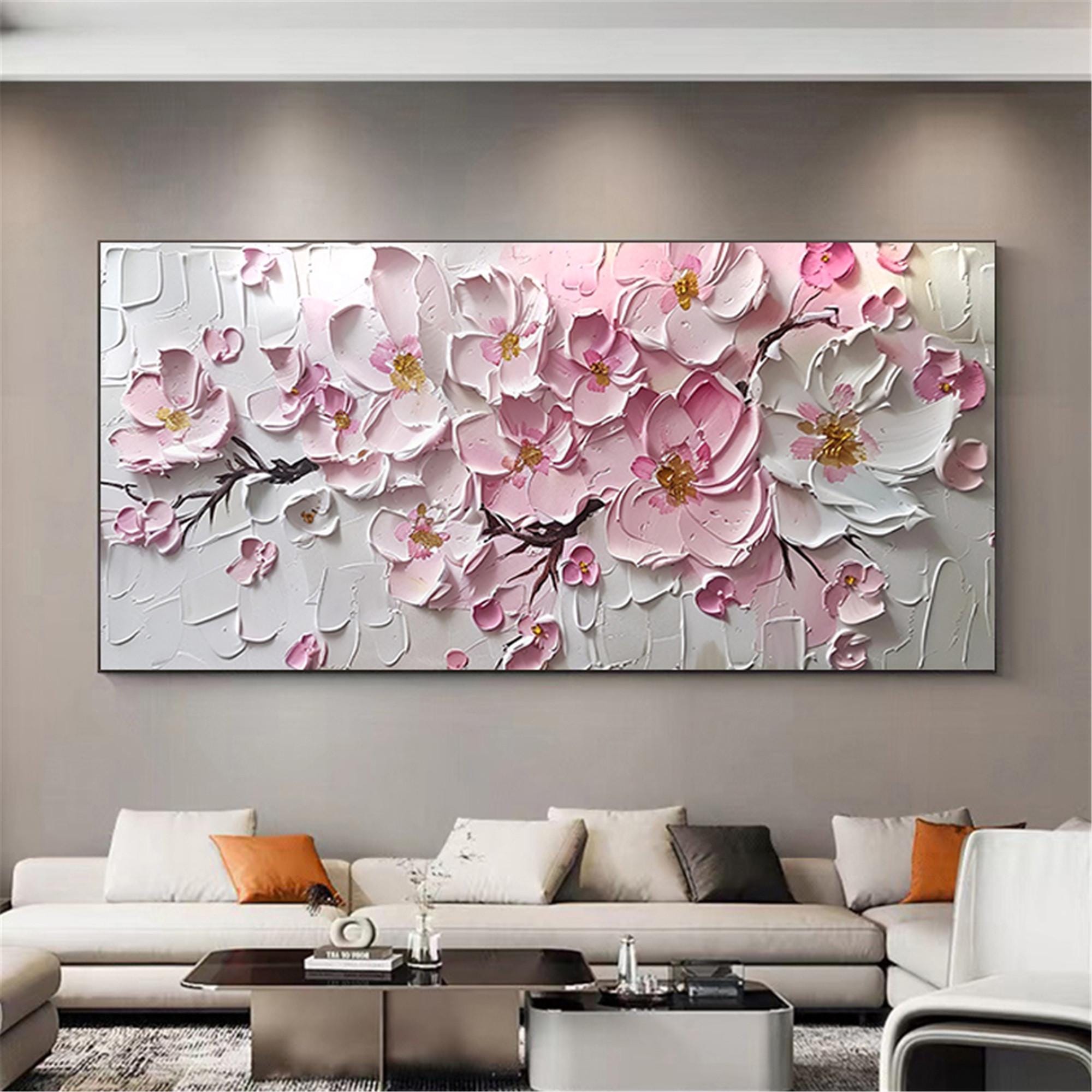 Original Pink White Blooming Flower Wall Art 3DTextured acrylic Painting On Canvas abstract Fancy Art for Living Room home personalized gift