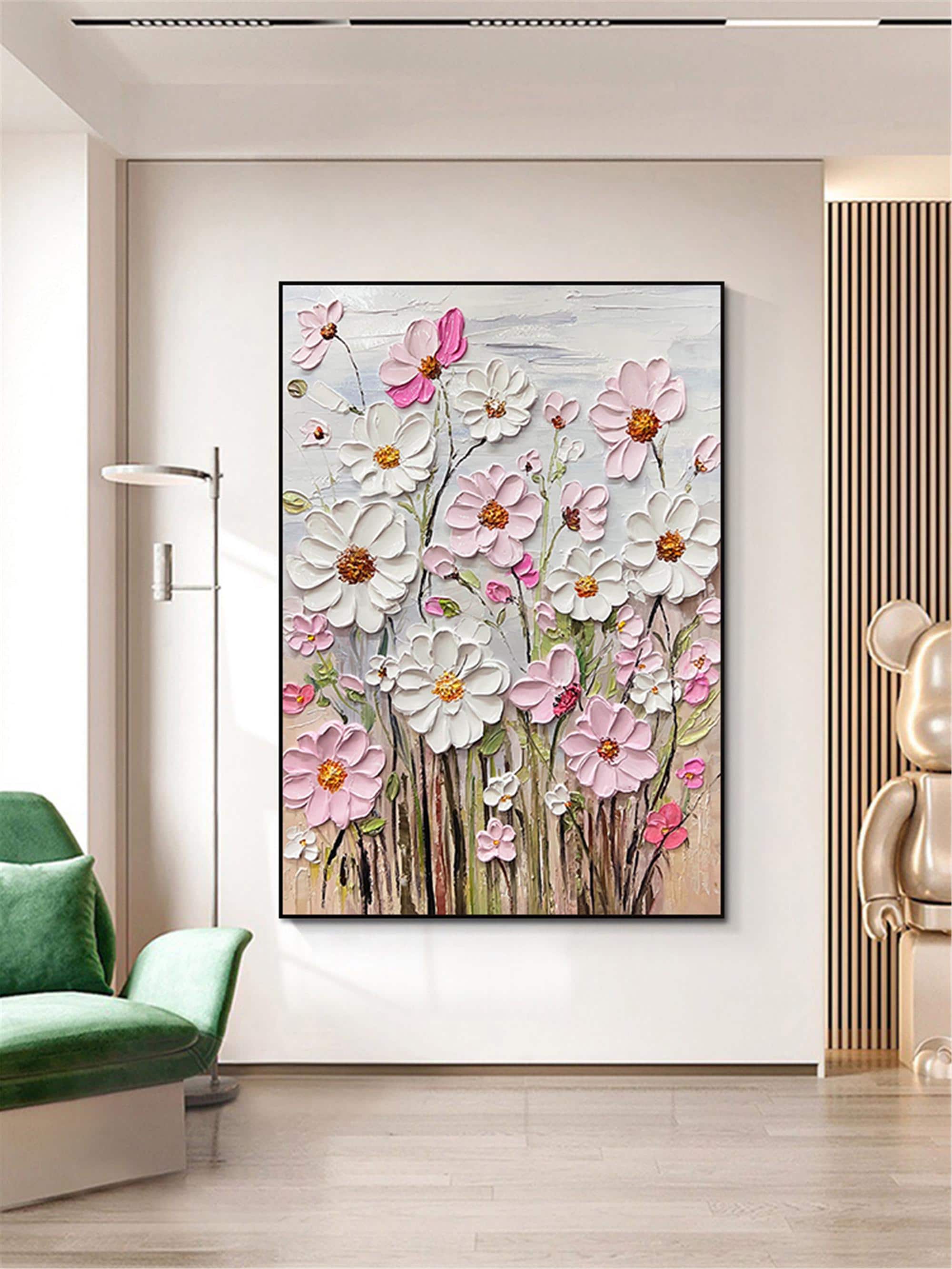 Original Flower Painting on Canvas 3DTextured Floral Wall Art,pink customd painting for Living Room home decor personalized gifts Fancy Art