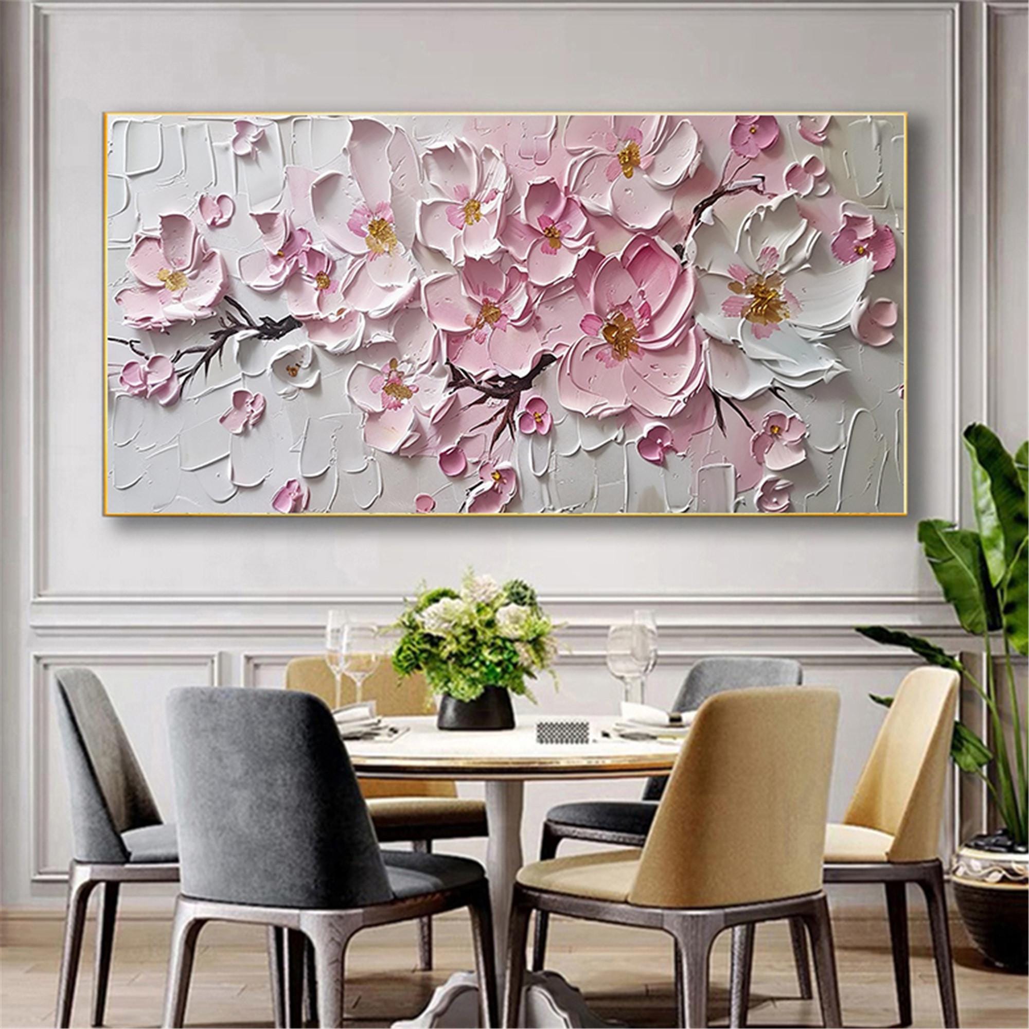 Original Pink White Blooming Flower Wall Art 3DTextured acrylic Painting On Canvas abstract Fancy Art for Living Room home personalized gift