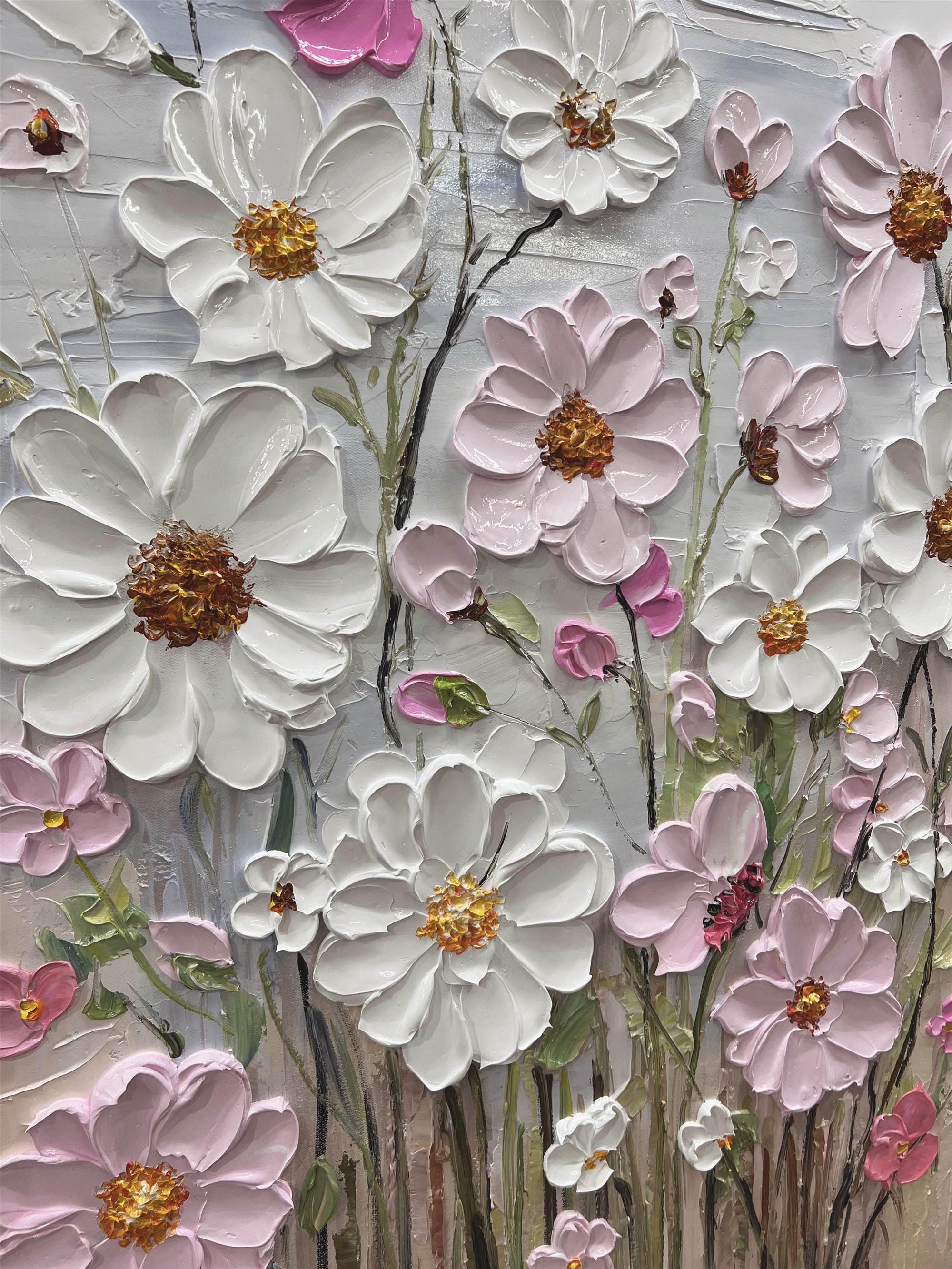 Original Flower Painting on Canvas 3DTextured Floral Wall Art,pink customd painting for Living Room home decor personalized gifts Fancy Art