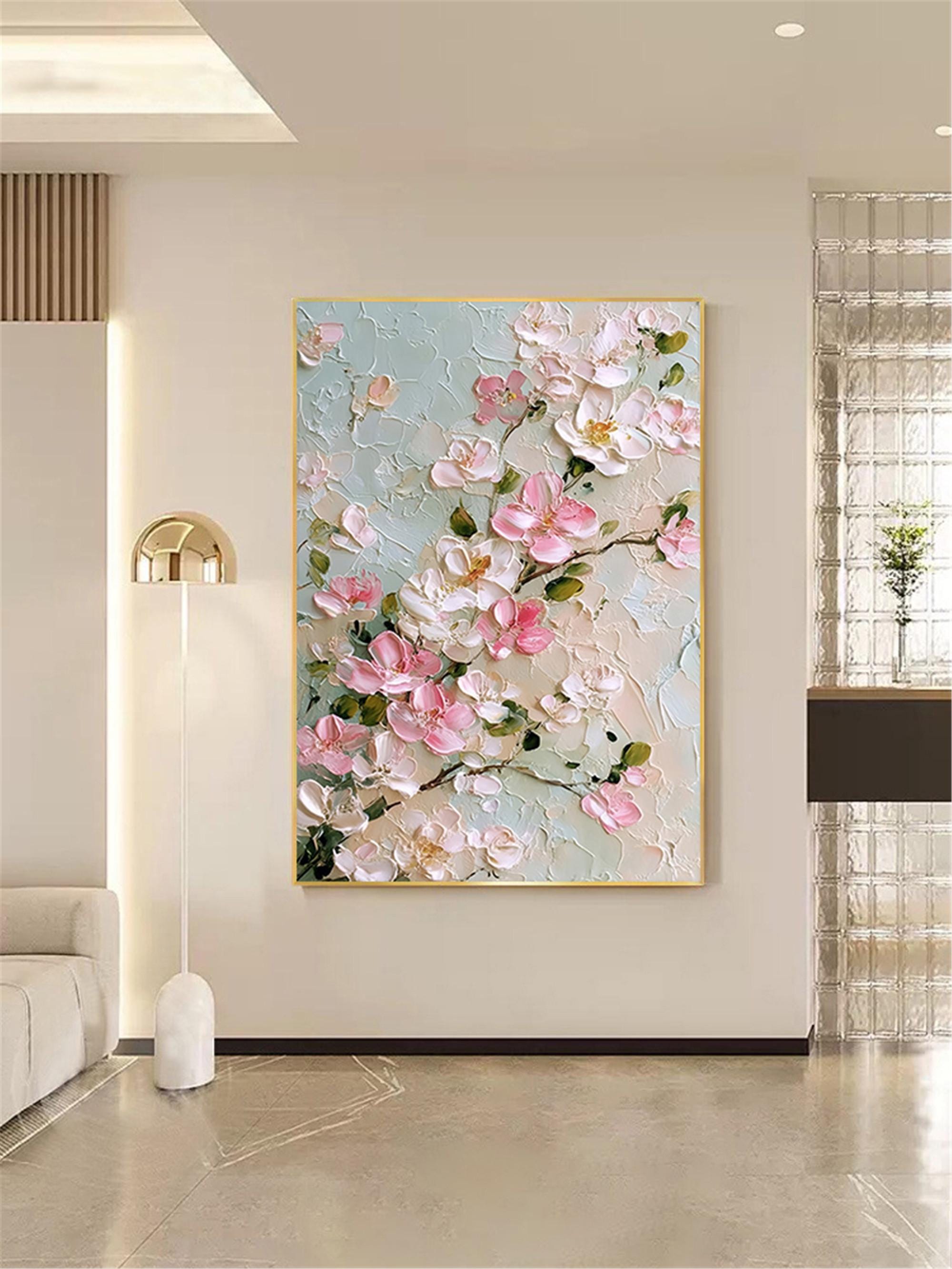 Original Flower Painting on Canvas 3DTextured Floral Wall Art,pink customd painting for Living Room home decor personalized gifts Fancy Art