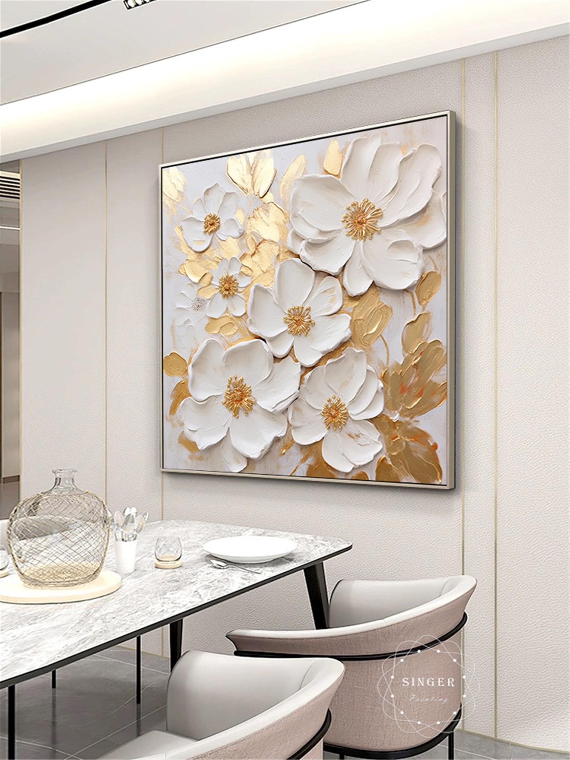 3D Painting On Canvas Original Gold White Blooming Flower Wall Art Textured Living Room Fancy Art Natural Scenery Painting personalized gift