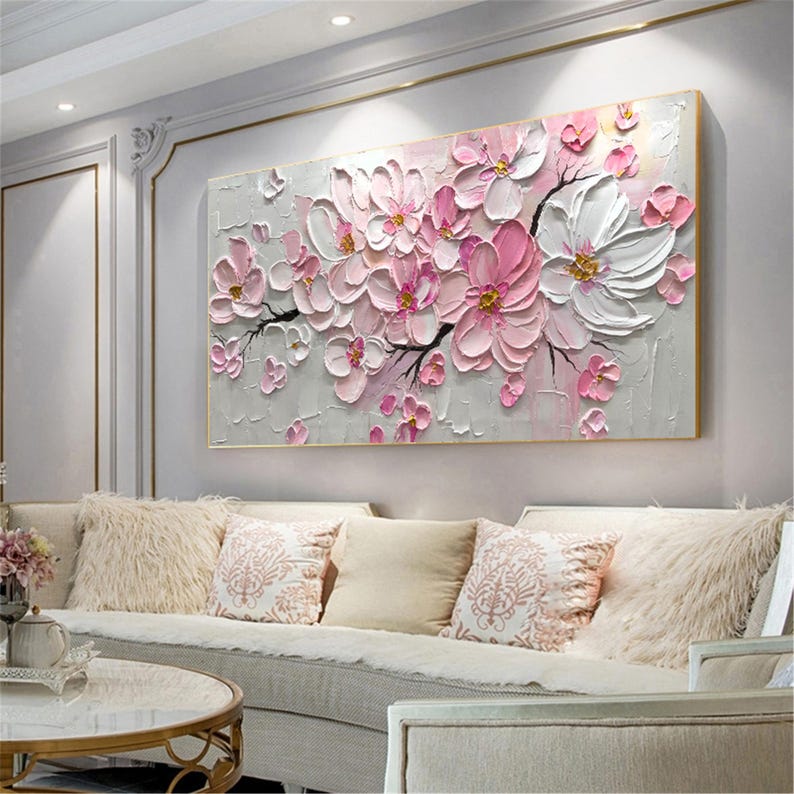Luxury Pink Floral Wall Art,floral Canvas Painting,living Room Artwork ...