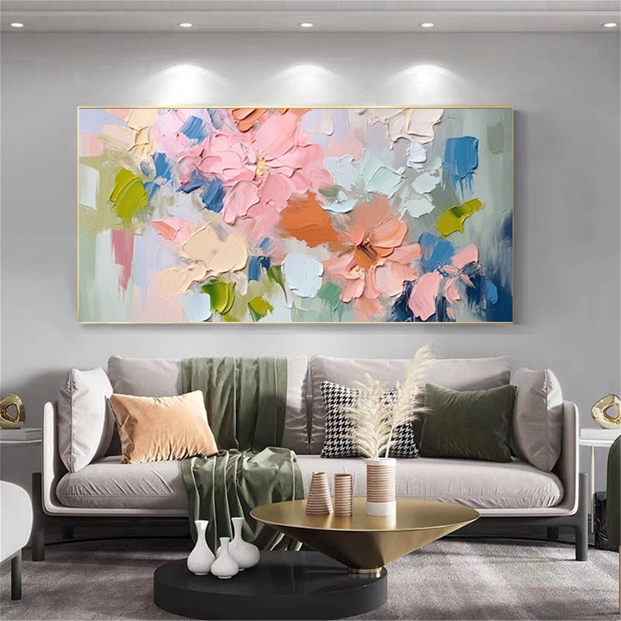 Floral Wall Art Pink Flower Painting on Canvas for Modern Walls