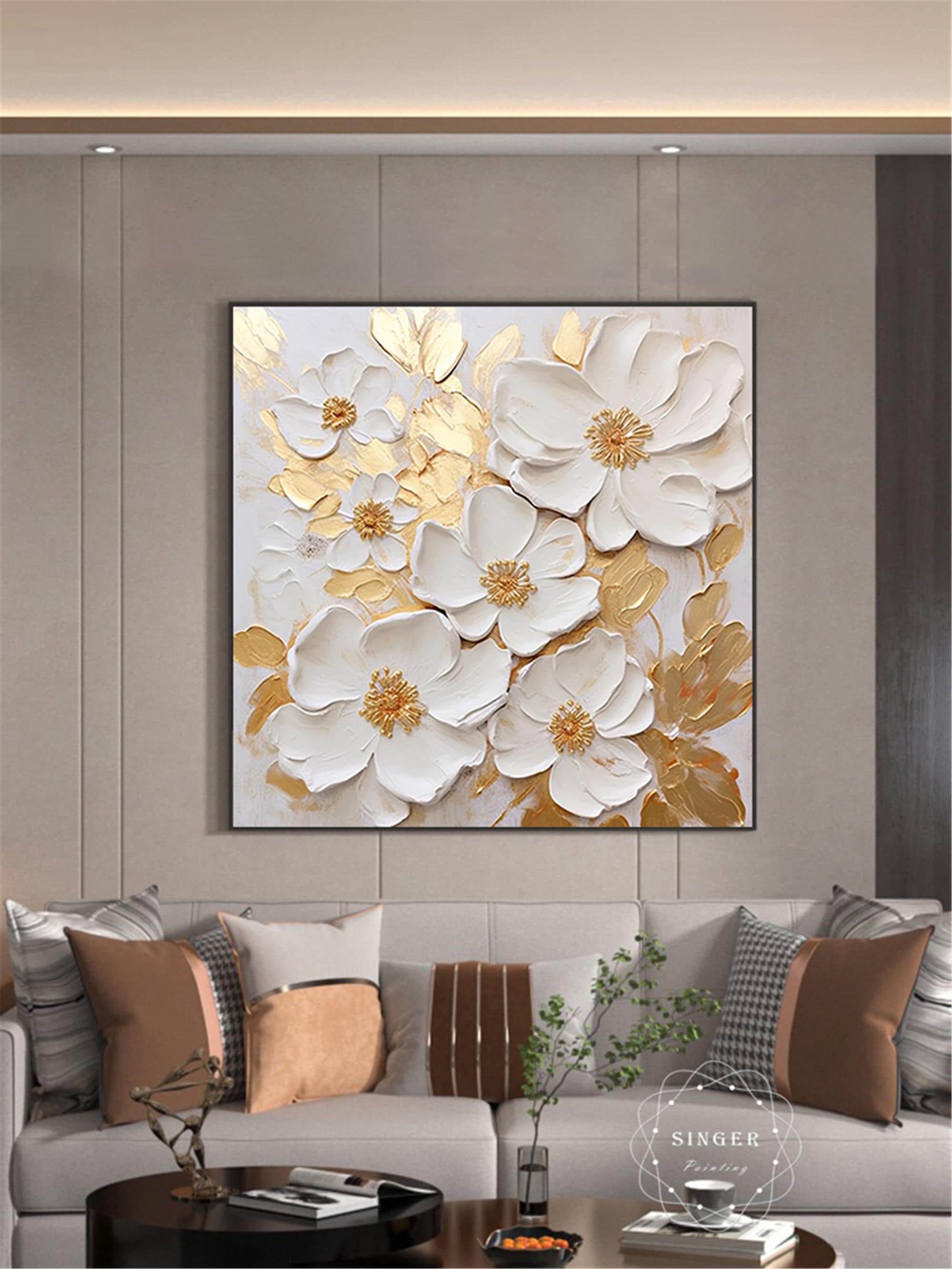3D Painting On Canvas Original Gold White Blooming Flower Wall Art Textured Living Room Fancy Art Natural Scenery Painting personalized gift