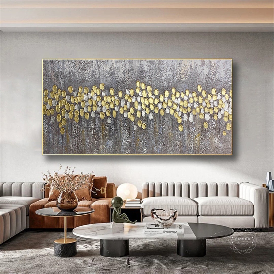 Gold Silver Art Abstract Painting on Canvas Wall Art Framed for Living Room Bedroom Wall Decor