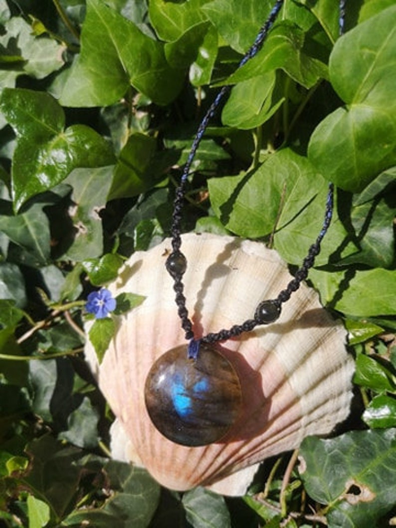Round Labradorite Talisman against harmful energies. Protective stone carer/'s stone Labradorite necklace in macram\u00e9 yarn