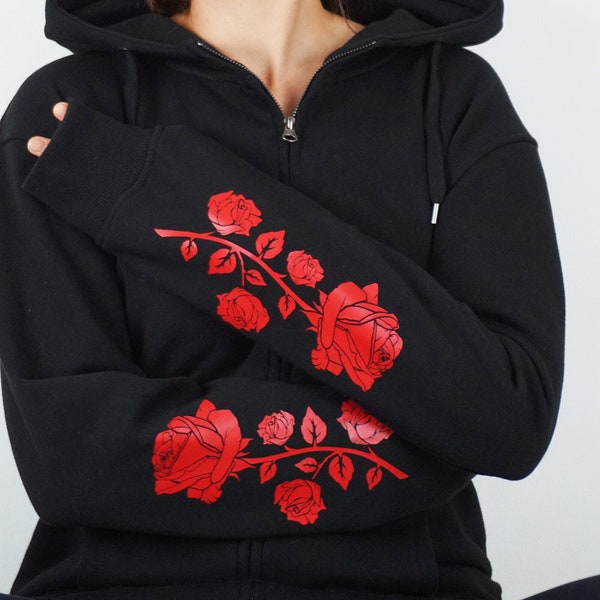 Roses Cotton Zip-Hoodie - Roses on Sleeves