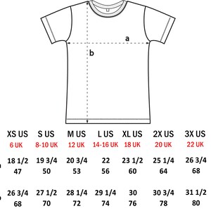 May include: A size chart for a t-shirt with measurements in inches and UK sizes. The chart shows the measurements for the chest (a) and length (b) of the shirt in different sizes, from XS to 3X.