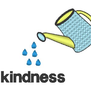Puede incluir: Una regadera amarilla con un cuerpo azul y blanco estampado est&aacute; vertiendo gotas de agua azules sobre la palabra "kindness" en letras negras.