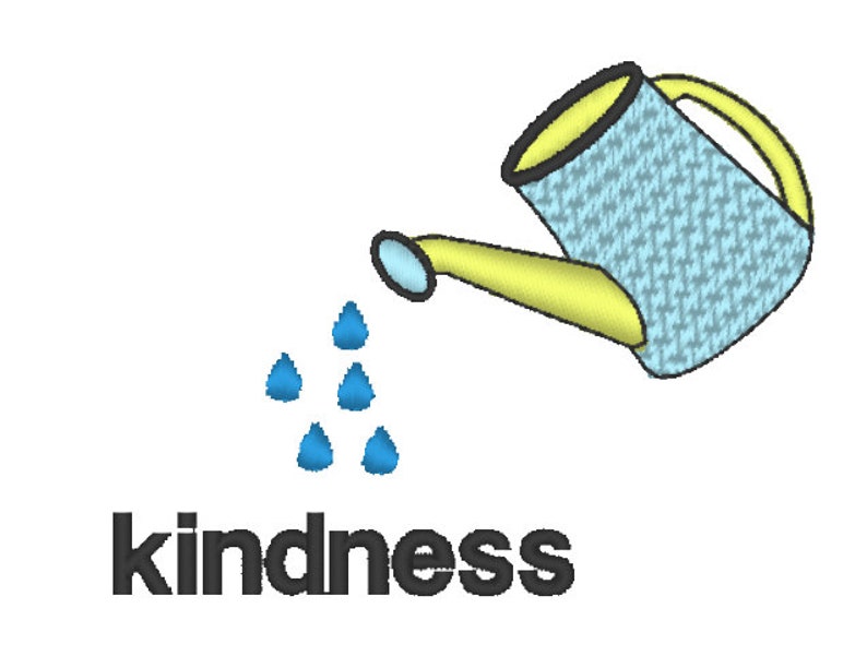 Puede incluir: Una regadera amarilla con un cuerpo azul y blanco estampado est&aacute; vertiendo gotas de agua azules sobre la palabra "kindness" en letras negras.