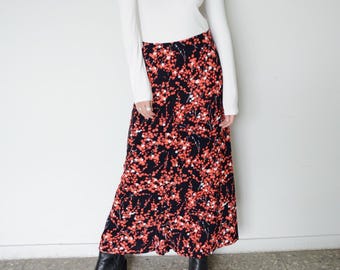 Vintage 70's Bohemian Black Floral Print Maxi A Line Skirt