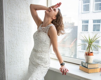 Vintage 80's White Beaded Top Maxi Wedding Dress