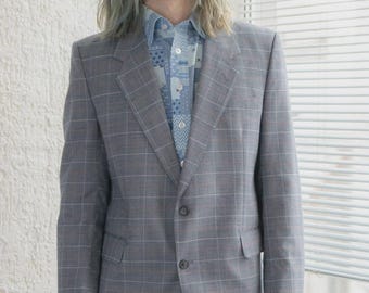 Vintage Blue Plaid Wool Blend Blazer, Oversized Retro Sport Coat (M-L)