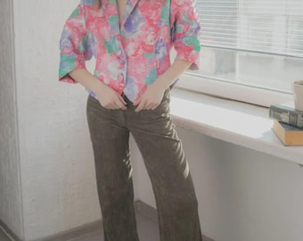 60s Vintage Shimmering Floral Print Jacket, French Designer Piece, Short Sleeve Retro Blazer, Metallic Evening Wear, UK 4-8