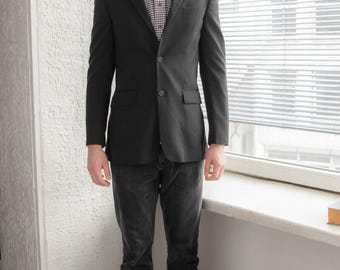 Vintage Black Wool Blend Blazer, Classic Minimalist Suit Jacket, Size Large