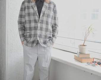 Vintage Grey Black Plaid Blazer | Made in Italy Monochrome Checked Jacket | Size L | Retro 90s Oversized Wool Style Blazer