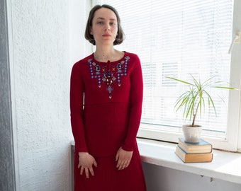 Vintage 80's Red Embroidered Front Long Sleeved Dress