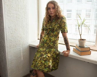 Vintage 80's Mini Green Flower Print Pleated Dress