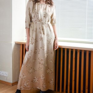 Vintage 70&#39;s Rare Beige Jacquard Floral Print Maxi Bohemian Dress