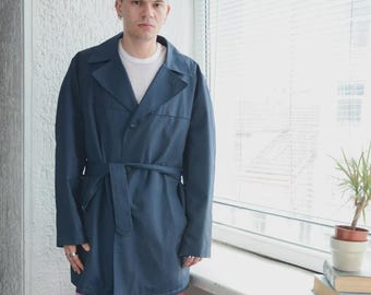 ヴィンテージ80年代ネイビーブルーウールコート：メンズレトロオーバー