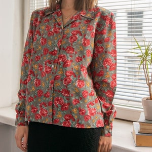 Vintage 80&#39;s Grey/Red Rose Print Blouse