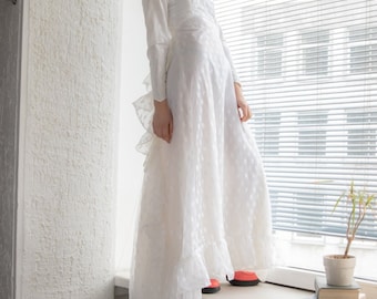 Vintage 70&#39;s Rare White Maxi Long Sleeved High Neck Embroidered Dress