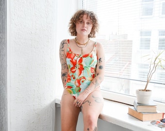 Vintage 80's Orange/Green Floral Print Swimsuit