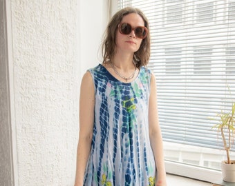 Vintage 80er Blaues Tie-Dye Rayon breites Midi Kleid