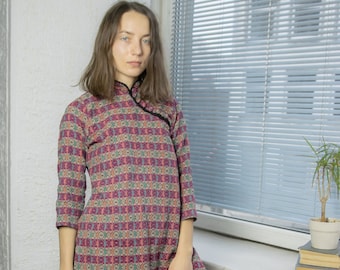 Vintage 70&#39;s Multicolour Textured Chinese Style Bohemian Tunic/Dress