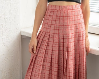 Vintage 70's Red Checked Pleated Midi ESCADA Skirt