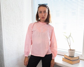 Vintage 70's Pink Embroidered Front High Collar Blouse