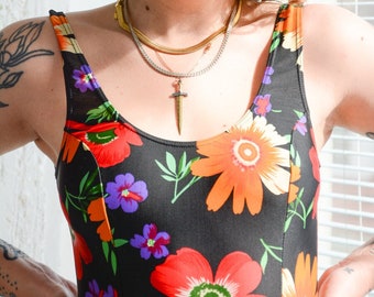 Vintage 80's Black Flower Print Swimsuit