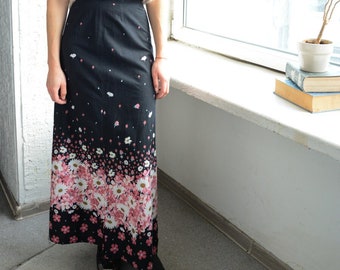 Vintage Black Flower Print High Waisted A Line Cotton Maxi Skirt