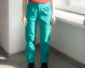 Vintage 70's Emerald Green Cotton High Waisted Straight Trousers