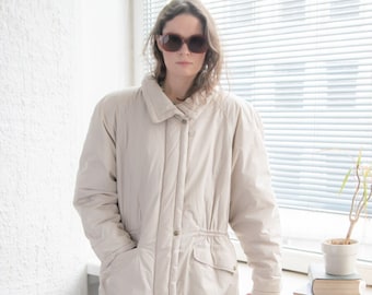 Vintage 80's High Collar Parka Coat In Beige