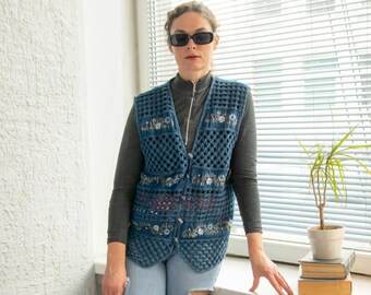 Vintage 80's Blue Denim Embroidered Vest