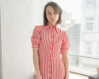 Vintage 70's Red Striped Puff Sleeved Mini Swiss Dress