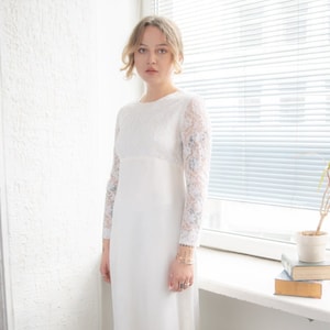 Vintage 70&#39;s White/Cream Lace Top Maxi Long Sleeved Maxi Dress