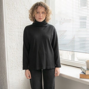 Vintage 80er Jahre Schwarzer Strick Wolle Rollkragenpullover