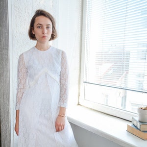 Vintage 70&#39;s White Lace Maxi Long Sleeved Dress