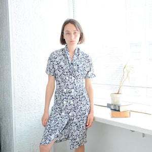 Vintage 80&#39;s Black/White Double Breasted Midi Floral Print Dress