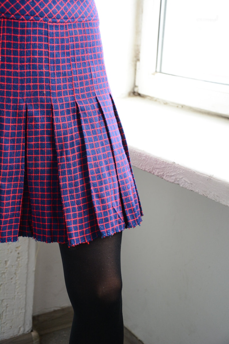 Vintage Blue Checked Pleated Mini Skirt image 4