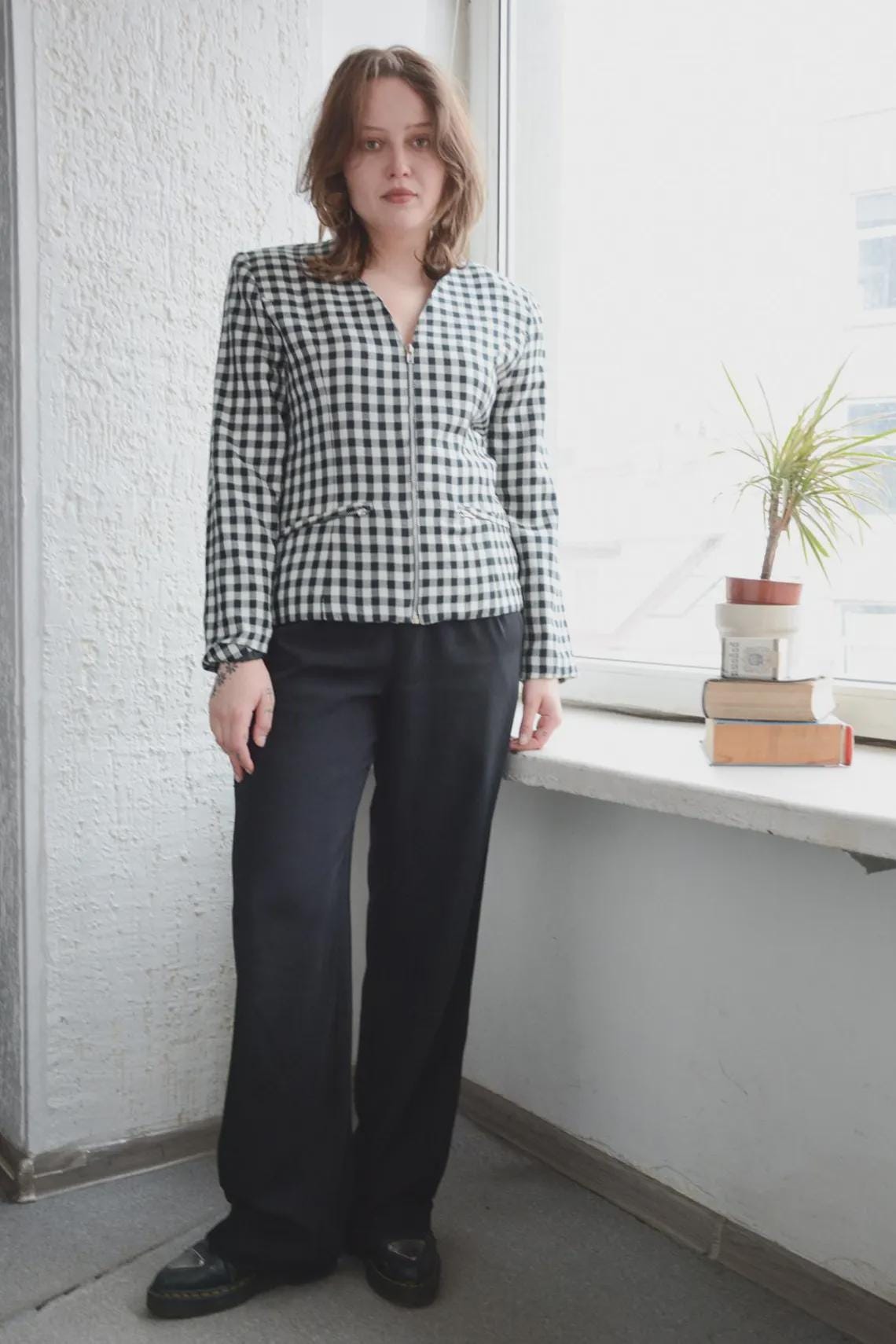 Vintage White/Black Checked Blazer Jacket, foto 2 di 4