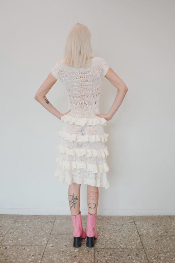 white crochet dress short Vintage Unique Hand Knit Mini Dedysler Maternity Bodycon Photoshoot work Formal dress Scoop neck Size:4xl