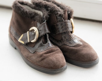 Vintage 80's Brown Suede Buckle Ankle Boots