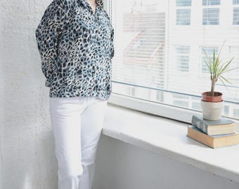 Vintage Mod Animal Print Grey/Black Blouse