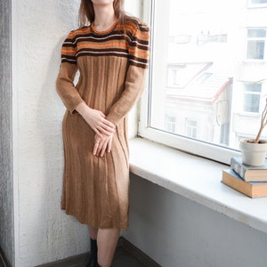 Vintage 70's Brown Hand Knitted Puff Sleeved Midi Dress image 2